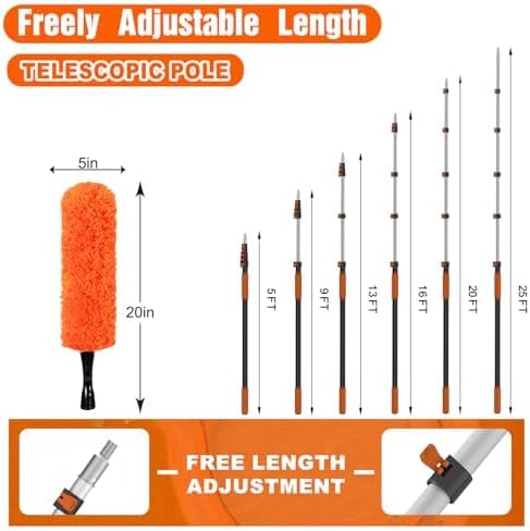 31FT Reach High Ceiling Duster Kit, Window Cleaning kit with 5-25FT Extension Pole, Fan Duster for Ceiling Fan Blades, Microfiber Feather Duster, Rotatable Window Squeegee and Cobweb Duster