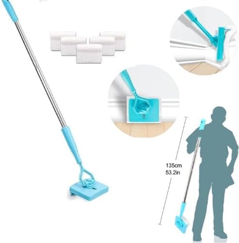 Baseboard Cleaner Tool with Handle 5 Reusable Cloths. Use for Bathroom, Kitchen and The Whole House! for Cleaning skirting Boards with Napkins and Long Handles. Retractable Microfiber Cleaning Handle