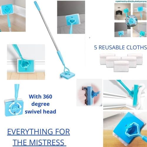 Baseboard Cleaner Tool with Handle 5 Reusable Cloths. Use for Bathroom, Kitchen and The Whole House! for Cleaning skirting Boards with Napkins and Long Handles. Retractable Microfiber Cleaning Handle