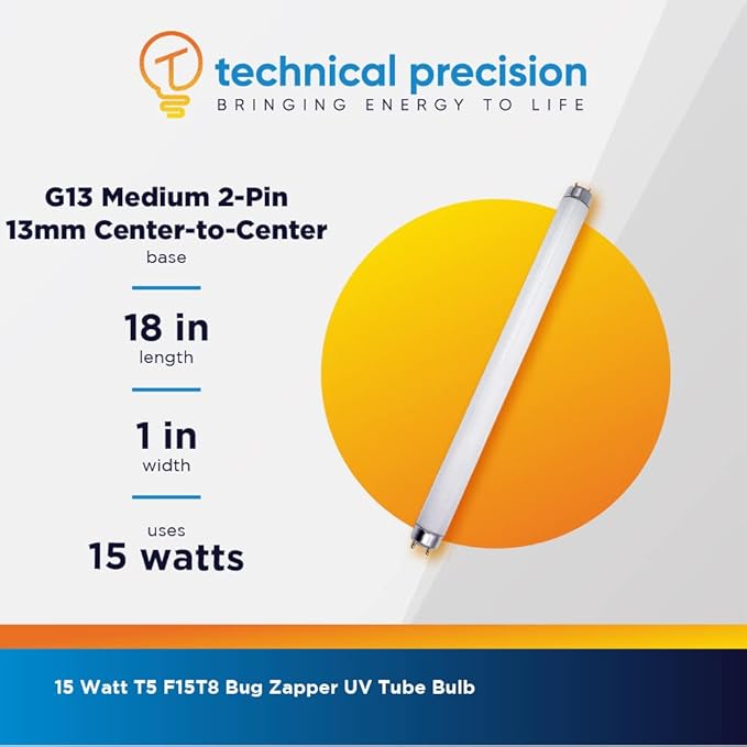 Technical Precision Replacement for Pest West Mantis 1x2 Fly Light Trap 15 Watt Bug Zapper Bulb Replacement with G13 Medium 2-Pin Base - T8 Black Light Bulb Mosquito Tube - 1 Pack