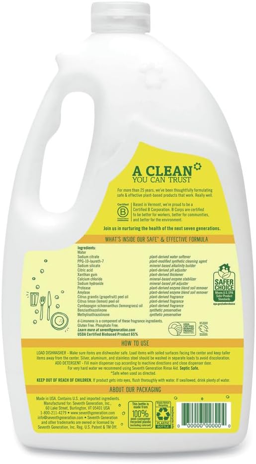 Seventh Generation 22831CT Natural Automatic Dishwasher Gel, Lemon, Jumbo 70 oz Bottle, 6/CT