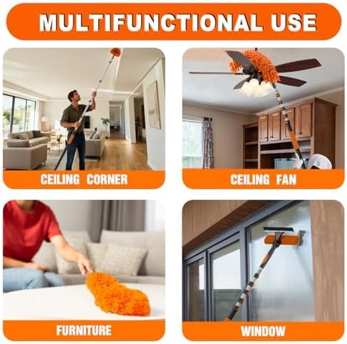 31FT Reach High Ceiling Duster Kit, Window Cleaning kit with 5-25FT Extension Pole, Fan Duster for Ceiling Fan Blades, Microfiber Feather Duster, Rotatable Window Squeegee and Cobweb Duster