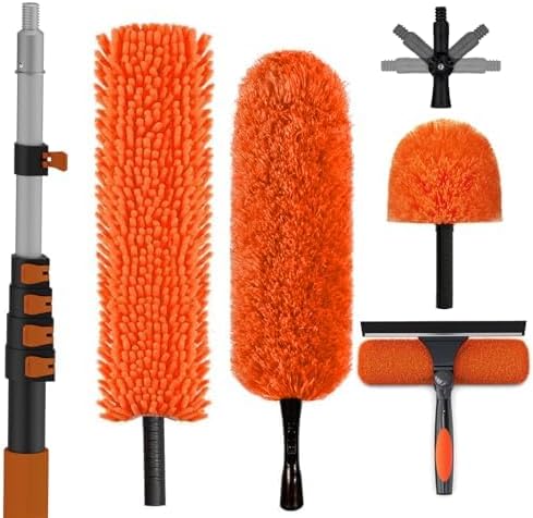 31FT Reach High Ceiling Duster Kit, Window Cleaning kit with 5-25FT Extension Pole, Fan Duster for Ceiling Fan Blades, Microfiber Feather Duster, Rotatable Window Squeegee and Cobweb Duster