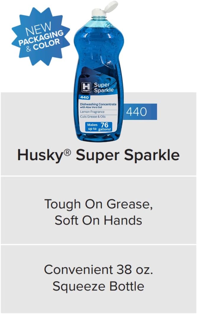 Husky 440 Super Sparkle Dish Soap Liquid | Ultra-Concentrate Dishwashing Liquid for Manual Dish, Pot & Pan Cleaning | Removes Grease, Baked-on Food & Stains from Utensils, Flatware & Glassware