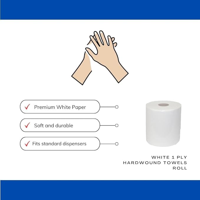 Shield Care Commercial Hardwound Paper Towel Rolls, White 6 Pack, 8 Inch x 800 Feet, 1-Ply, 2 Inch Core, Fits Universal Dispenser