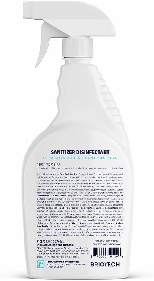 BRIOTECH Sanitizer Disinfectant Hypochlorous Spray, Kill 99.99% of Viruses & Bacteria, Control Mold, Eliminate Odor, Gentle for Nursery & Play Rooms, Food Contact Surface Sanitizer, 32 fl oz