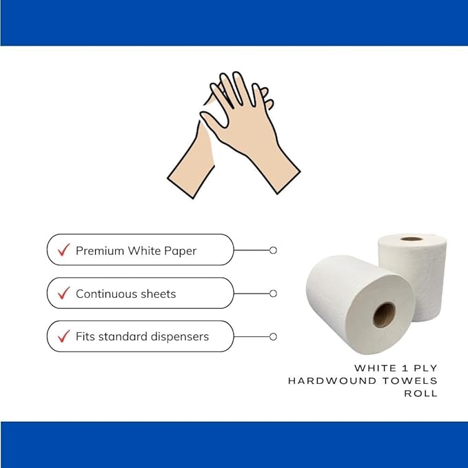 Shield Care Commercial Hardwound Paper Towel Rolls, White 12 Pack, 8 Inch x 300 Feet, 1-Ply, 2 Inch Core, Fits Universal Dispenser