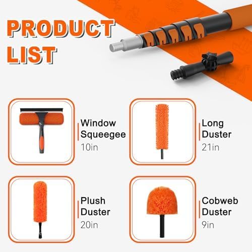 31FT Reach High Ceiling Duster Kit, Window Cleaning kit with 5-25FT Extension Pole, Fan Duster for Ceiling Fan Blades, Microfiber Feather Duster, Rotatable Window Squeegee and Cobweb Duster