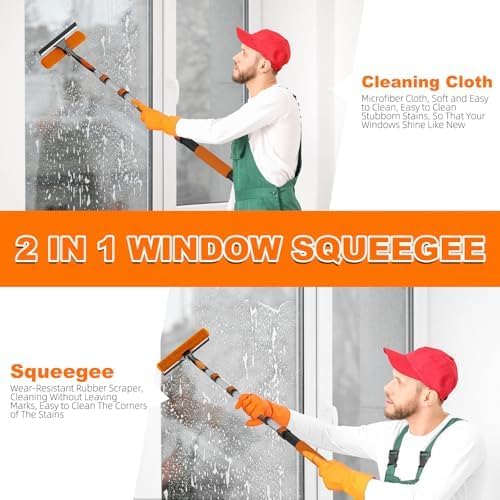 31FT Reach High Ceiling Duster Kit, Window Cleaning kit with 5-25FT Extension Pole, Fan Duster for Ceiling Fan Blades, Microfiber Feather Duster, Rotatable Window Squeegee and Cobweb Duster