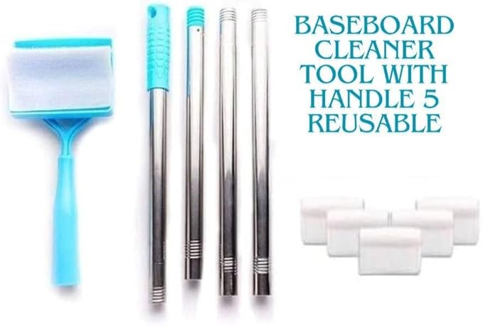 Baseboard Cleaner Tool with Handle 5 Reusable Cloths. Use for Bathroom, Kitchen and The Whole House! for Cleaning skirting Boards with Napkins and Long Handles. Retractable Microfiber Cleaning Handle
