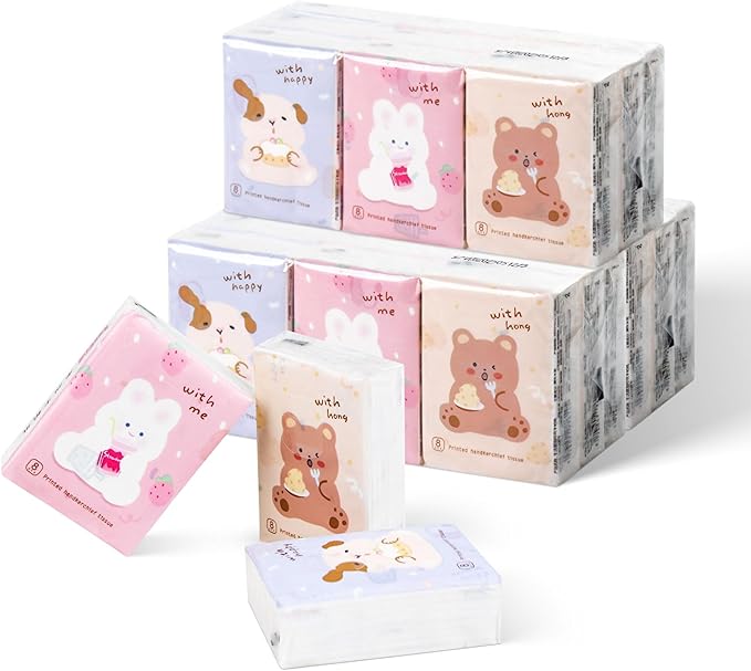 27 Packs Pocket Tissues, Small Travel Size Bulk Facial Paper Towel, Travel Essential, Purse Tissue, Individual Packet, Soft 3 Ply Portable Napkins with Cute Prints for Wedding Party (Dog&Bear&Rabbit)