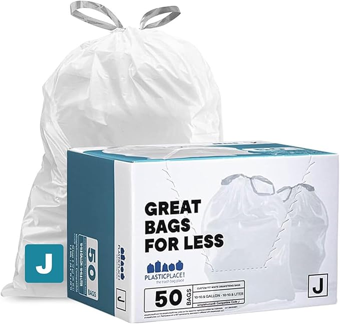 Plasticplace Custom Fit Trash Bags Compatible with Simplehuman Code J 50 Count White Drawstring Garbage Liners 10-10.5 Gallon 21"x28" Tear-Resistant LLDPE Bags for Kitchen Bathroom & Office