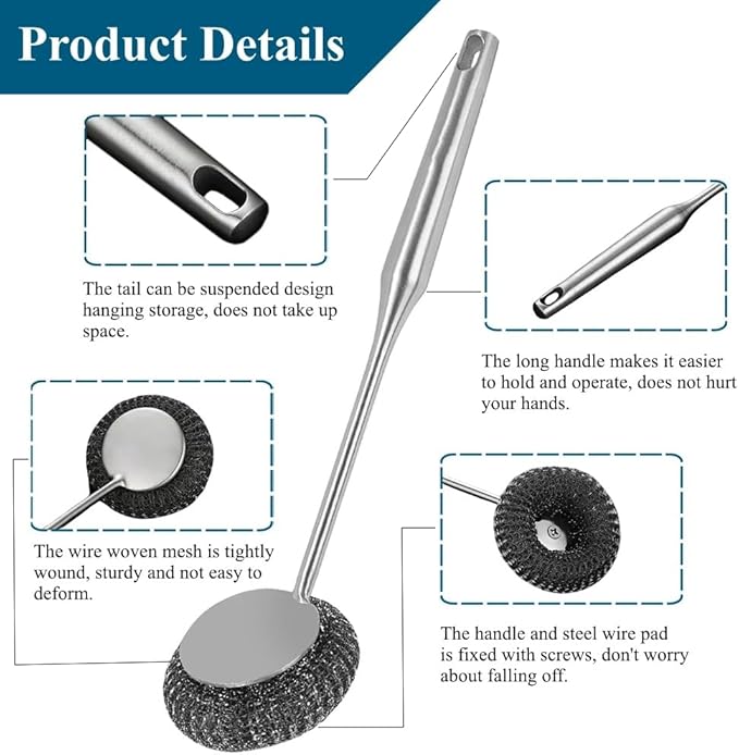 6Pcs Steel Wool Scrubber with Long Handle - Stainless Steel Scrub Brush Set for Scouring Stubborn Messes from Cast Iron, Pots & Pans, BBQ Grill, Sink (1 Scrubber + 4 Pads + 1 Screwdriver)