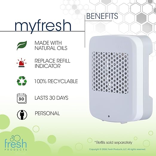 Fresh Products myfresh 2.0 Personal Air Freshener with Dry Fragrance Technology for Small Spaces Compact Design Motion Sensor Battery Operated White Dispenser 1 pk