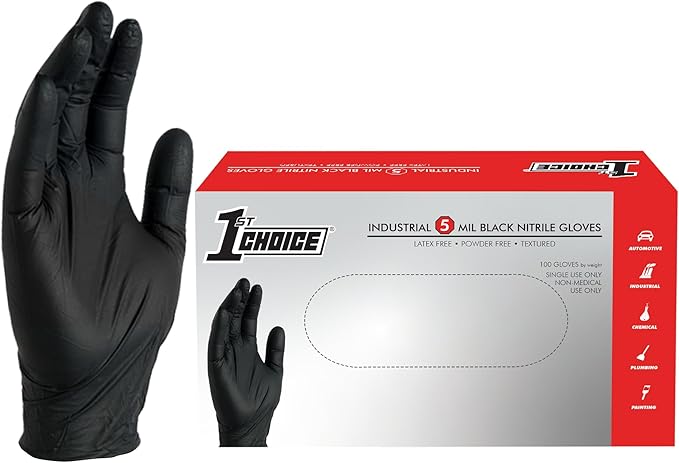 1st Choice Black Nitrile Gloves Disposable Latex-Free 5 Mil Textured for Cooking, Cleaning, Food Prep, Large, Box of 100