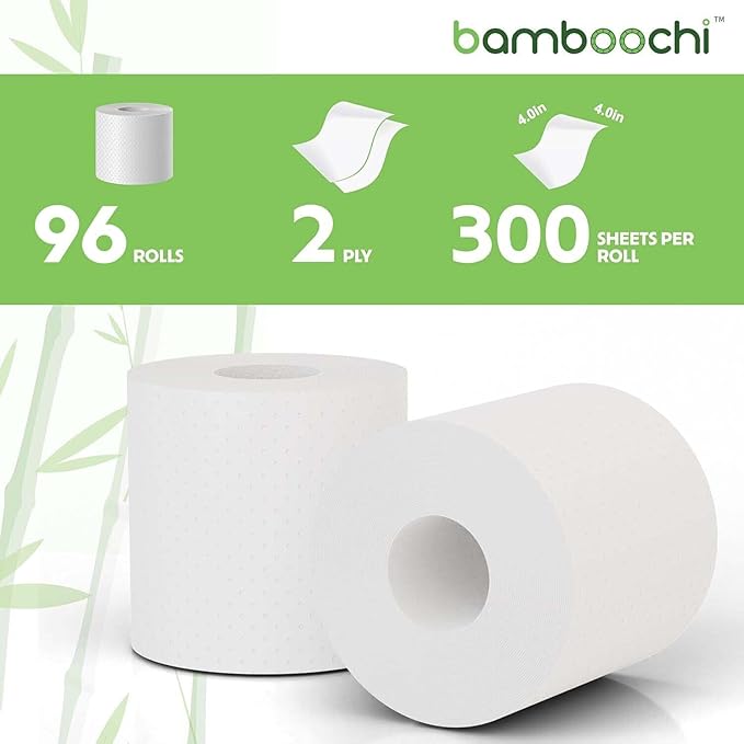 Bamboo Toilet Paper, Septic Safe Toilet Paper 2 Ply 96 Rolls 300 Sheets Per Roll, Soft Unscented Bath Tissue, RV Safe, Eco-Friendly, Non Chlorine, PFAS Free, Made in Canada