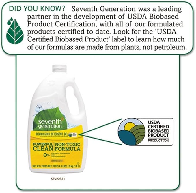 Seventh Generation 22831CT Natural Automatic Dishwasher Gel, Lemon, Jumbo 70 oz Bottle, 6/CT