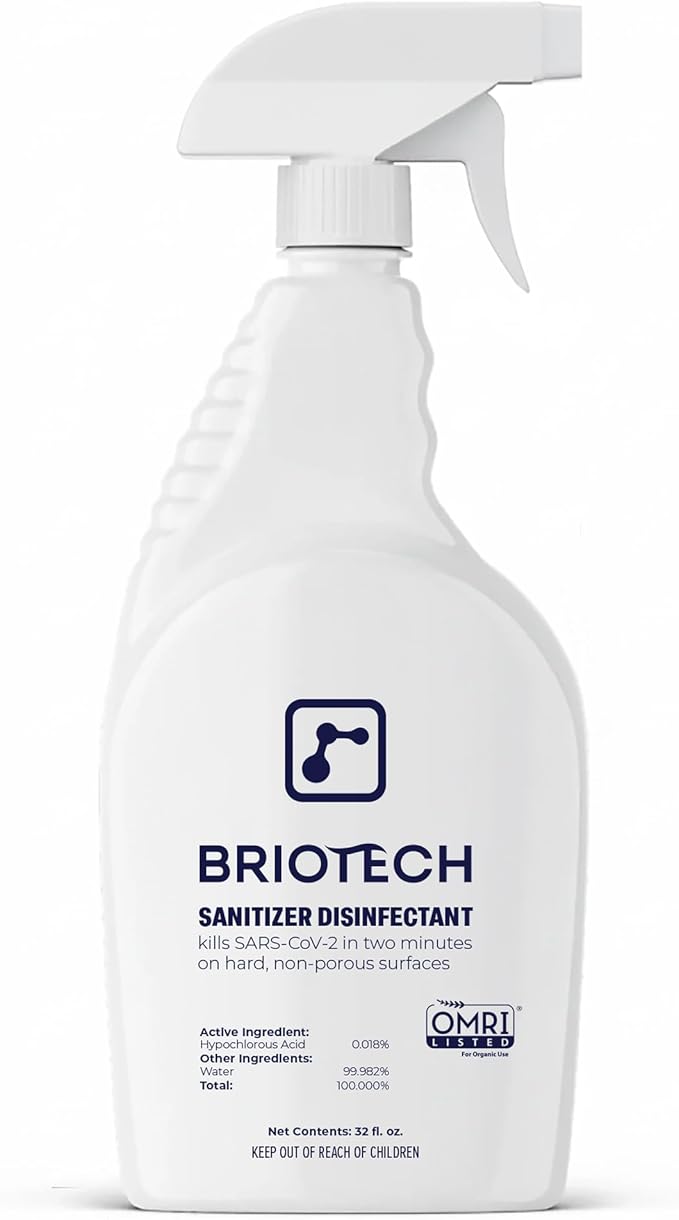 BRIOTECH Sanitizer Disinfectant Hypochlorous Spray, Kill 99.99% of Viruses & Bacteria, Control Mold, Eliminate Odor, Gentle for Nursery & Play Rooms, Food Contact Surface Sanitizer, 32 fl oz