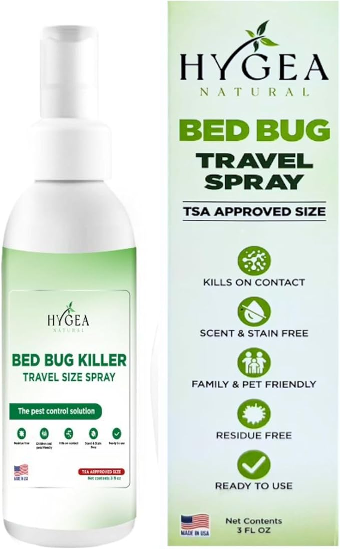 Hygea Natural Lice, Mite, and Bed Bug Natural Travel Spray - TSA Approved size – Child & Pet Friendly – Immediate results – Stain & Odor Free, For Hotels, Suitcase, Backpack, Shoes, Bed Bug Spray(3oz)