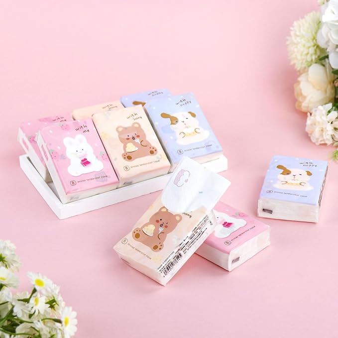 27 Packs Pocket Tissues, Small Travel Size Bulk Facial Paper Towel, Travel Essential, Purse Tissue, Individual Packet, Soft 3 Ply Portable Napkins with Cute Prints for Wedding Party (Dog&Bear&Rabbit)