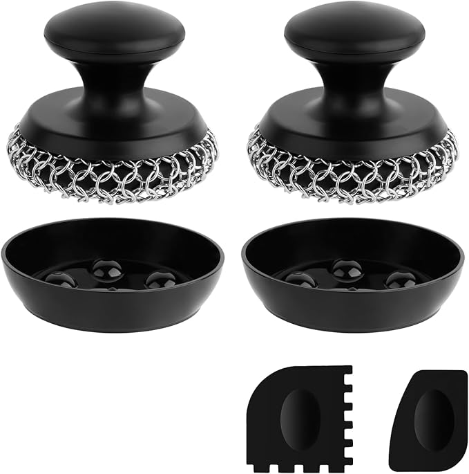 2PCS Cast Iron Scrubber Cleaner, Chainmail Scrubber for Cast Iron Pan Skillet, Dish Scouring Pad, 316 Stainless Steel Brush/Scraper for Metal Skillet Scrubbing, Wok, Dutch Oven Cleaning Kit - Thick