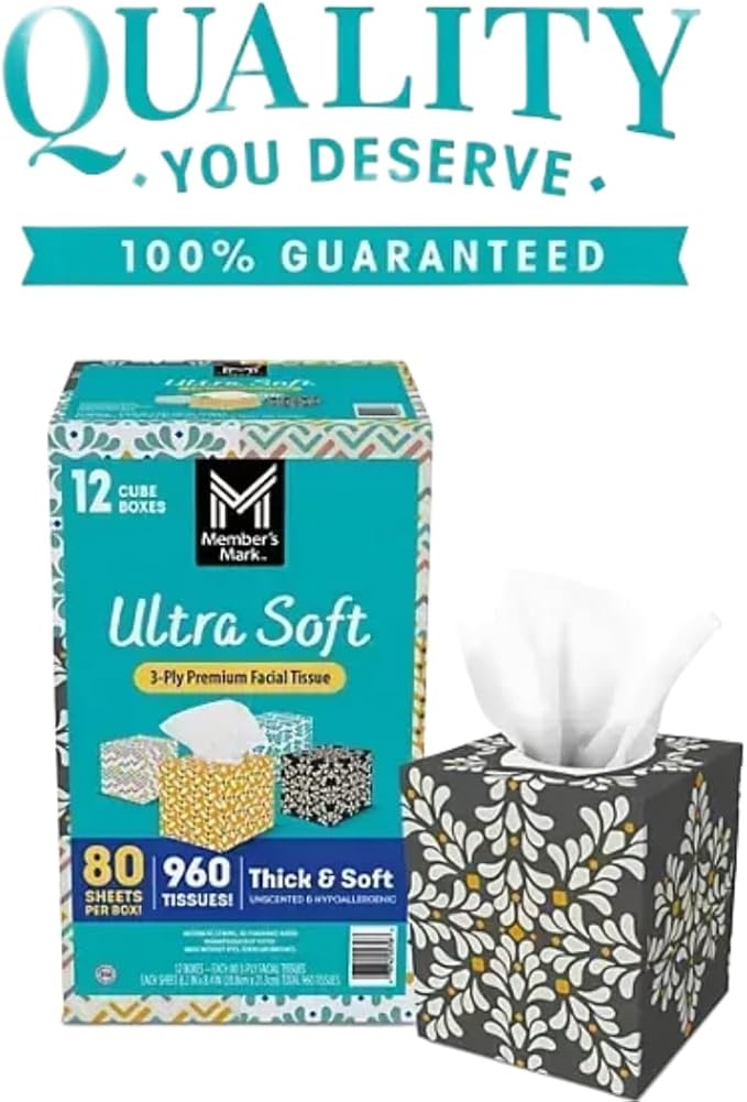 Ultra Soft Facial Tissues, 3-Ply, 12 Cube Boxes, 80 Tissues per Box (1 Pack)