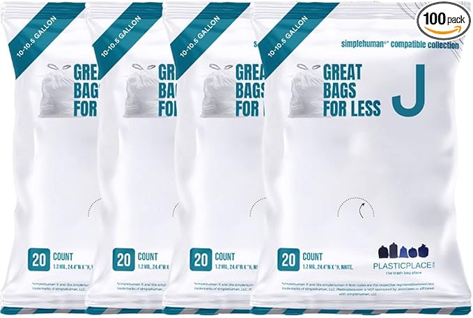 Plasticplace Custom Fit Trash Bags, Compatible with simplehuman Code J Packs, White Drawstring Garbage Liners 10-10.5 Gallon, 21'' x 28'' (20 Count/5 Pack)