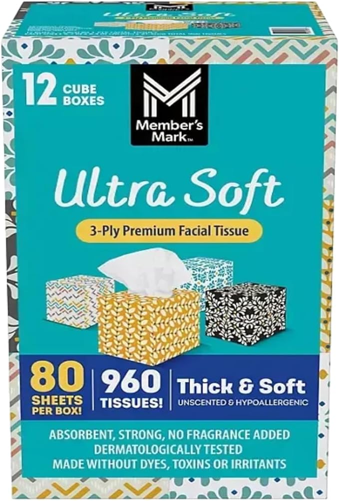 Ultra Soft Facial Tissues, 3-Ply, 12 Cube Boxes, 80 Tissues per Box (1 Pack)