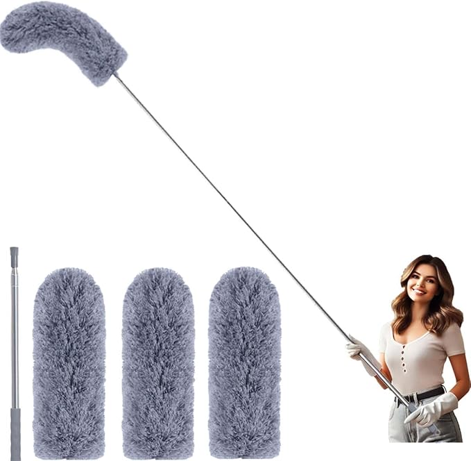 110" Extendable Feather Duster with Extension Pole, Ceiling Fan Cleaner Duster for High Ceiling, Bendable Microfiber Head, Long Handle Duster for Cleaning Fan, Furniture, and Cars (3 replaceable head)