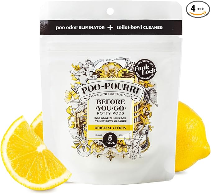 Poo-Pourri Before-You-Go 2-in-1 Toilet Potty Pods, Original Citrus, 5 Ct, Bathroom Odor Deodorizer and Toilet Cleaner with Essential Oils, Lemon, Bergamot and Lemongrass Scent (Pack of 4)