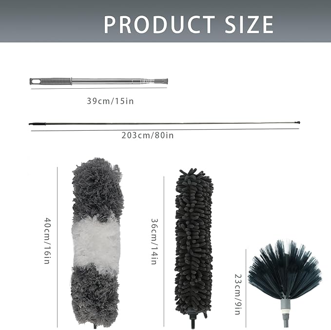 4 Pcs Microfiber Cobweb Duster with 100" Extension Pole,Bendable Ceiling Fan Duster Kit with 3 Duster Heads,Washable Reusable Dusting Pole for High Ceiling and Walls Furniture Home