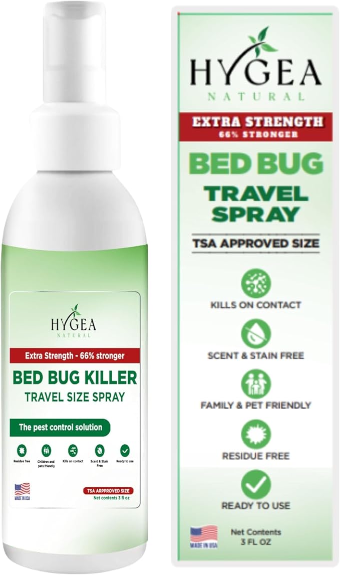 Hygea Natural Extra Strength Bed Bug & Mite Natural Travel Spray,TSA Approved Size, Child & Pet-Friendly, Stain & Odor Free, for Hotel, Suitcase, Backpack, Shoes, 66% Stronger Natural Formula(3oz)