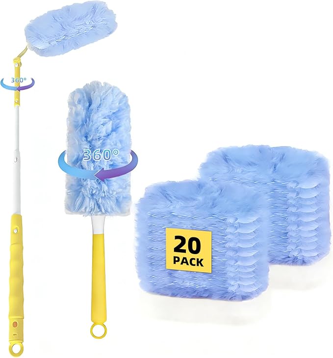 360° Duster Refills Compatible for Swiffer Duster, 20-Pack Heavy Duty Dusting Kit with 1 Extended Handle 3FT + 1 Short Handle, Multi-Surface Cleaning Kit for Ceiling Fans, Bookshelf, Blinds, Furniture