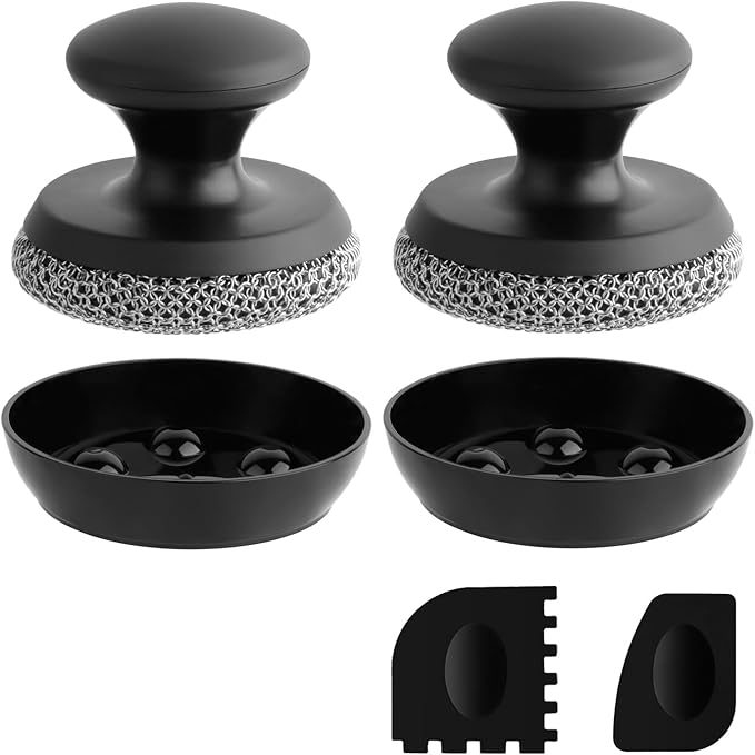 2PCS Cast Iron Scrubber Cleaner, Chainmail Scrubber for Cast Iron Pan Skillet, Dish Scouring Pad, 316 Stainless Steel Brush/Scraper for Metal Skillet Scrubbing, Wok, Dutch Oven Cleaning Kit - Thin