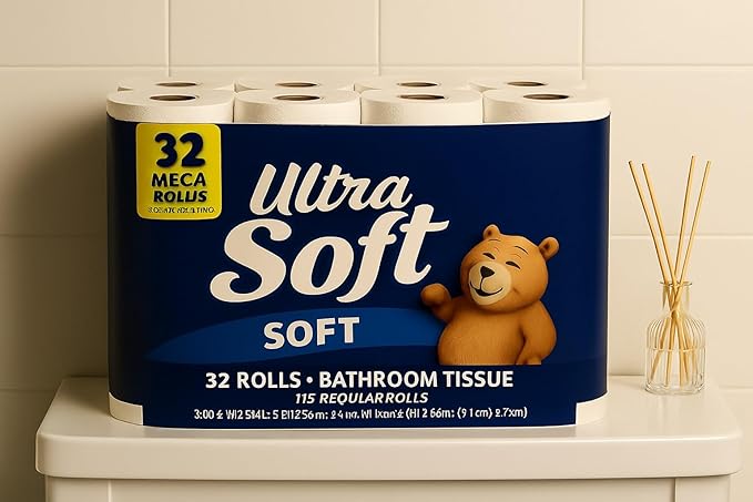 Ultra Soft Bath Tissue, 32 Mega Rolls, 128 Regular Rolls | 2-Ply Toilet Paper | 224 Sheets/Roll | Gentle, Strong & Septic-Safe