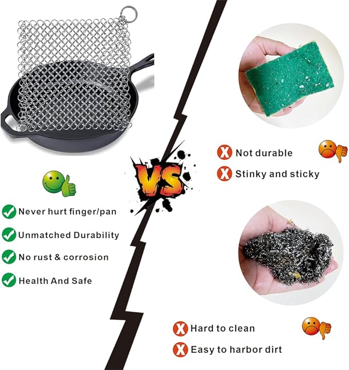 Cast Iron Scrubber - 6 Inch Stainless Steel Chain mail Scrubber for Cast Iron Pans Cleaner Chainmail Scrubber for Skillet, Wok, Pot, Dutch Ovens