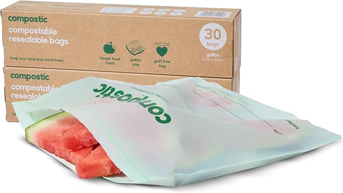 Compostic Home Compostable Resealable Gallon Bags (10.5"x10.5"), Microwave & Freezer Safe, Organic Food Storage Container, 60 Count