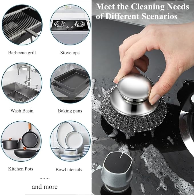 7Pcs Steel Wool Scrubber with Handle - Stainless Steel Scrub Brush Set for Scouring Stubborn Messes from Cast Iron, Pots, Pans, Grill, Stoves, Sink (2 Scrubber + 4 Pads + 1 Screwdriver)