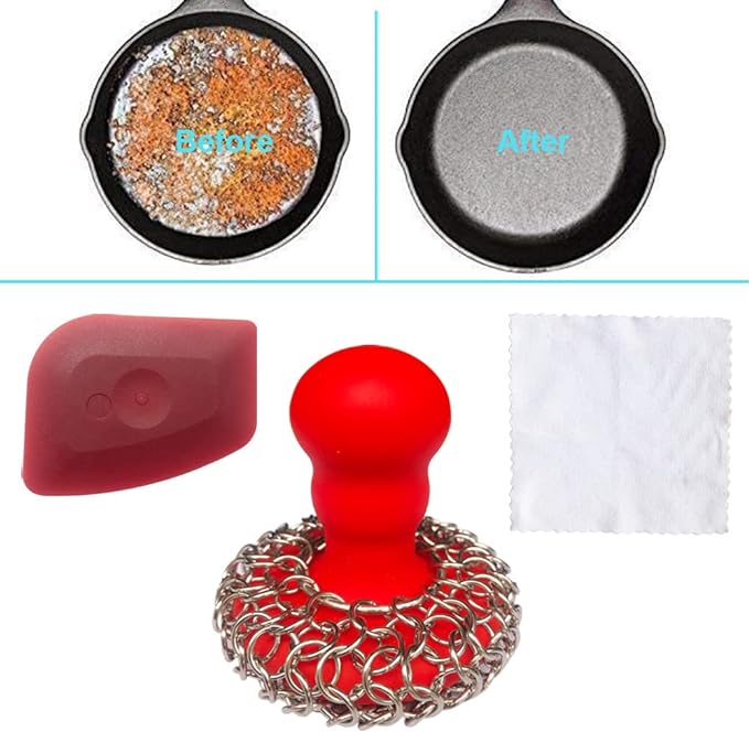 316 Upgraded Chainmail Scrubber with Silicone Handle Cast Iron Cleaner for Cast Iron Grill Pan Skillet Wok Bakeware Ergonomic to Hold Easy to Use Dishwasher Safe, Scrubber + Scraper + Towel (Red)