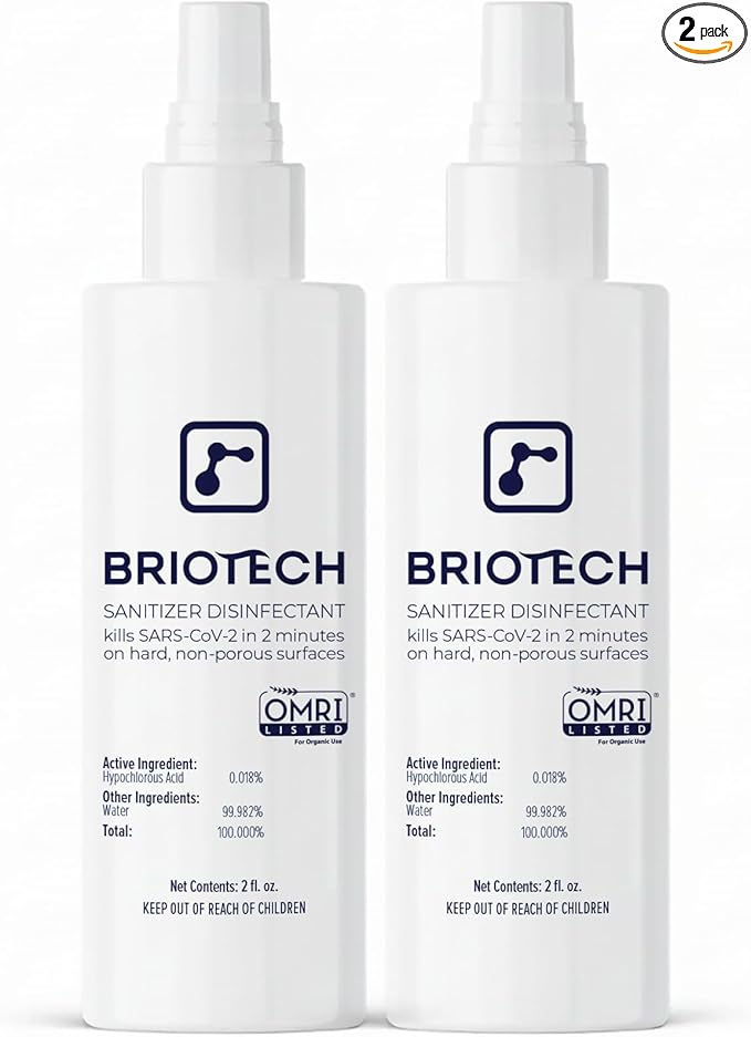 BRIOTECH Sanitizer Disinfectant Hypochlorous Spray, Kill 99.99% of Viruses & Bacteria, Control Mold, Eliminate Odor, Gentle for Nurseries, Food Contact Surface Sanitizer, 2 fl oz Travel Size (2 Pack)