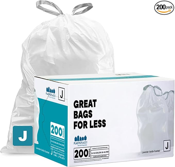 Plasticplace White Drawstring Lavender and Soft Vanilla Scented Garbage Can Liners, Compatible with Code J (200 Count) 10-10.5 Gallon / 38-40 Liter, 21" x 28 "