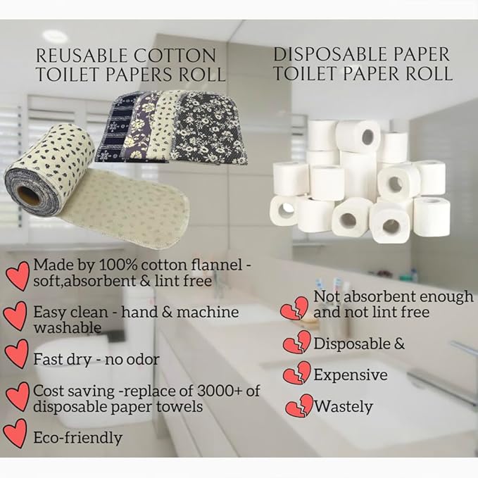 Reusable Toilet Paper Towels 24 Count Roll,Washable Absorbent No Tear Bidet Towels Cotton Cloth,Zero Waste Cleaning Supplies for Bathroom(4 Colors Rose)