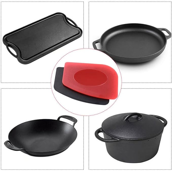 316 Upgraded Chainmail Scrubber with Silicone Handle Cast Iron Cleaner for Cast Iron Grill Pan Skillet Wok Bakeware Ergonomic to Hold Easy to Use Dishwasher Safe, Scrubber + Scraper + Towel (Red)