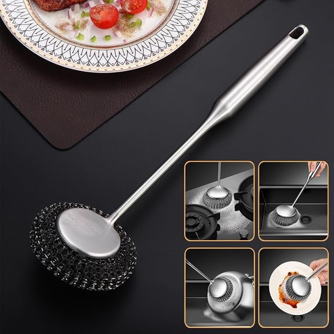 6Pcs Steel Wool Scrubber with Long Handle - Stainless Steel Scrub Brush Set for Scouring Stubborn Messes from Cast Iron, Pots & Pans, BBQ Grill, Sink (1 Scrubber + 4 Pads + 1 Screwdriver)