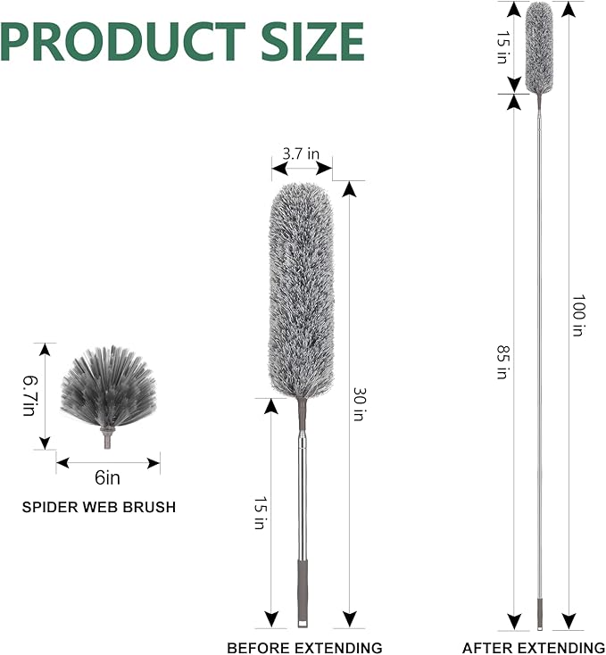 SetSail Dusters for Cleaning, 100-inch Extra-Long Cobweb Duster with Extension Pole, Bendable Microfiber Head & Cobweb Brush Washable Ceiling Fan Cleaner Duster Kit for High Ceilings, Corner