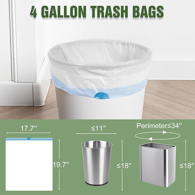 Small Trash Bags 4 Gallon- 200 Count Drawstring Small Garbage Bags Strong & Unscented, White Bathroom Trash Can Liners for Home Office Bedroom Kitchen