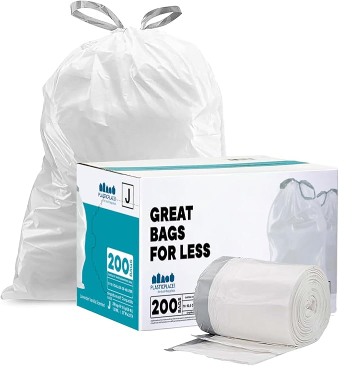 Plasticplace White Drawstring Lavender and Soft Vanilla Scented Garbage Can Liners, Compatible with Code J (200 Count) 10-10.5 Gallon / 38-40 Liter, 21" x 28 "