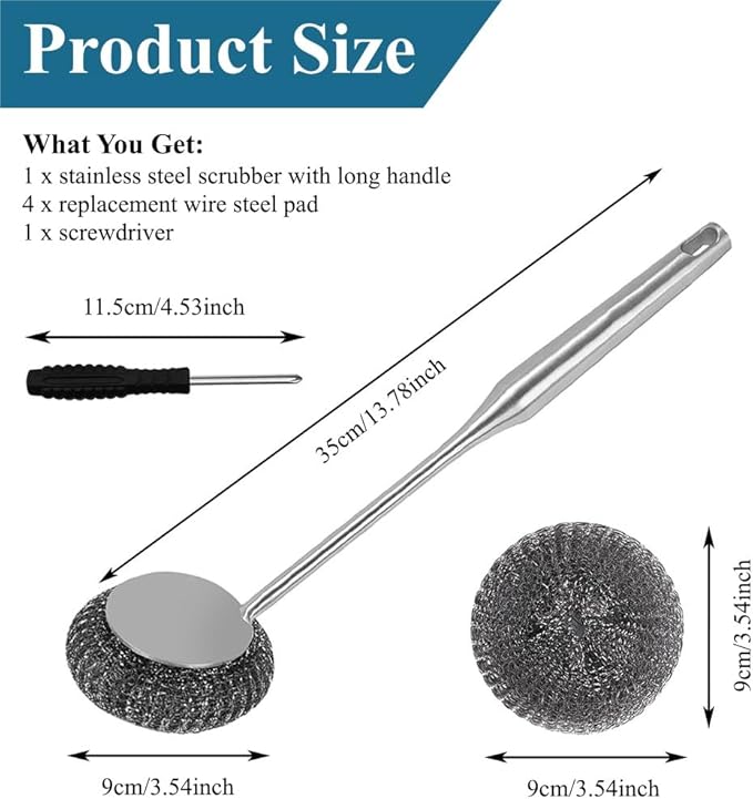 6Pcs Steel Wool Scrubber with Long Handle - Stainless Steel Scrub Brush Set for Scouring Stubborn Messes from Cast Iron, Pots & Pans, BBQ Grill, Sink (1 Scrubber + 4 Pads + 1 Screwdriver)