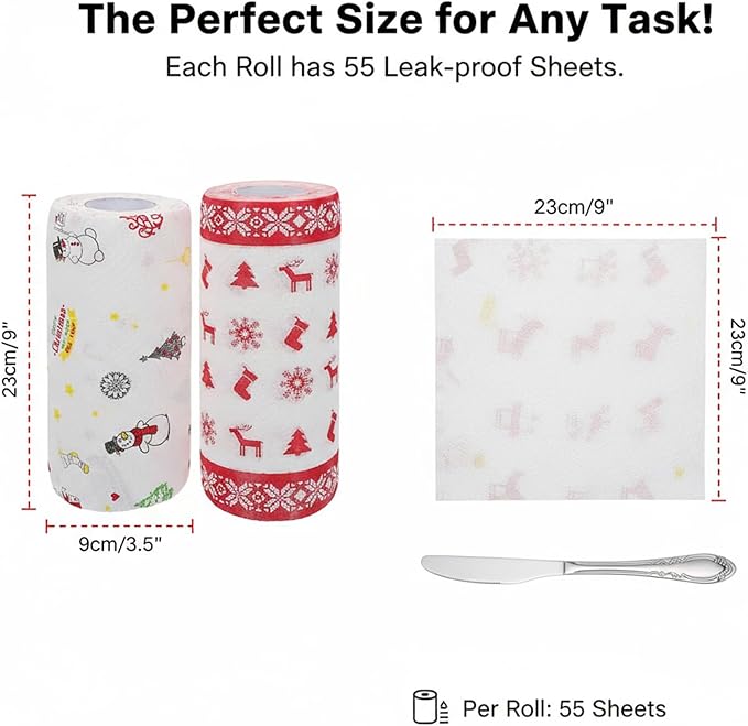 Christmas Kitchen Paper Towels:Disposable Cleaning Towels Xmas Kitchen Tissue Highly Absorbent Hand Towels for Holiday Kitchen Business Resturant (2 rolls)