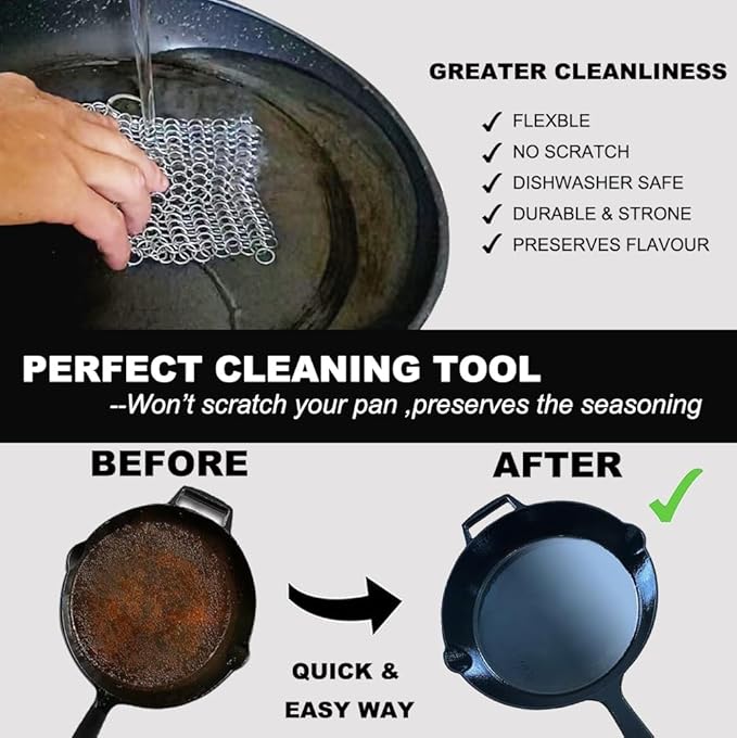 Cast Iron Scrubber - 6 Inch Stainless Steel Chain mail Scrubber for Cast Iron Pans Cleaner Chainmail Scrubber for Skillet, Wok, Pot, Dutch Ovens